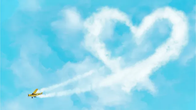 Pequeno biplano cria coração no céu com fumaça 2K papel de parede