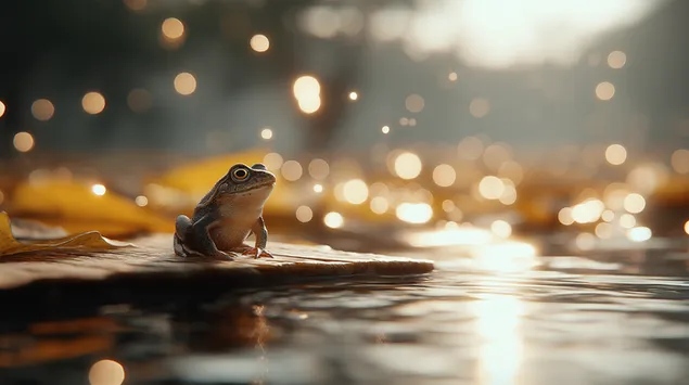 small frog sitting on a lily pad in a golden pond download
