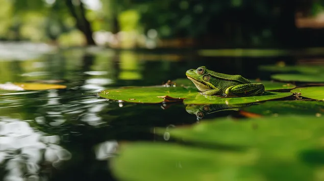 자연 연못의 수련 위에 있는 작은 녹색 개구리 2K 배경화면
