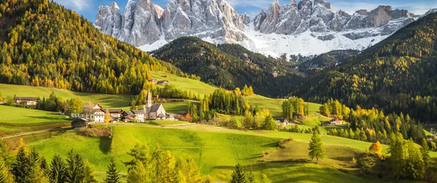 Small houses and snowy mountains in green grass and trees