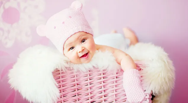 ピンクのバスケットに笑顔の赤ちゃん