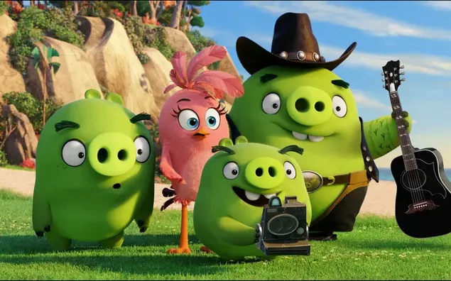 Besišypsantys personažai, laikantys gitarą iš animacinio filmo „Angry Birds“. 2K ekrano užsklanda