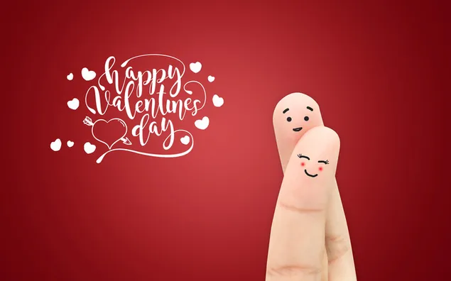 Hình nền Khuôn mặt ngón tay đang cười và chữ Chúc mừng ngày lễ tình nhân trên nền đỏ 4K
