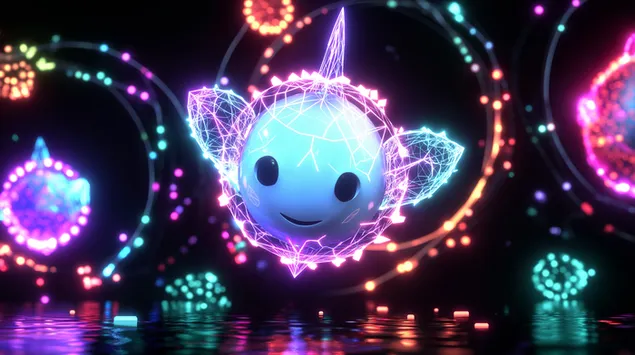 glimlagende geometriese uitheemse karakter wat in neonruimte sweef aflaai