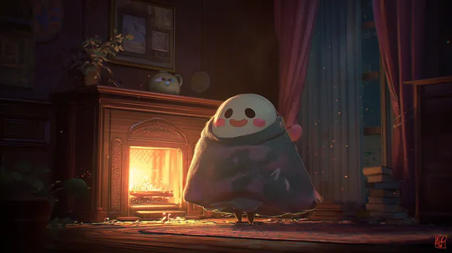 Fantazmë e qeshur pranë oxhakut me bimë në skenën e shtëpisë 2K sfond