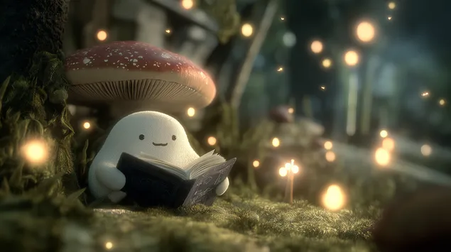 Fantazmë e qeshur që lexon nën kërpudha me xixëllonja 2K sfond