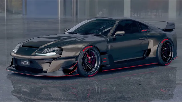 gerookte kleur gemodifiseerde toyota supra en weerkaatsing van sy beeld op die grond aflaai