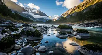 smooth moss-covered river rocks glisten in the clear mountain water, framed by lush forests and dramatic snow-capped peaks beneath a bright, blue sky
