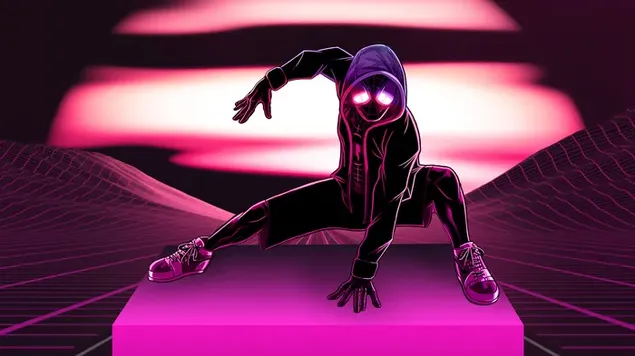 Sneaker superhero displayed in neon light pink and purple setting wearing spiderman costume