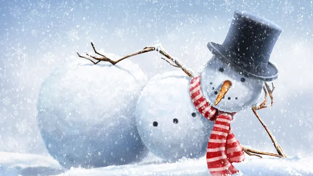 Sneeuwpop in zwarte hoed en rode sjaal die vrolijk poseert ter voorbereiding op Kerstmis download
