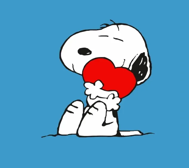 Snoopy Zeichentrickfigur niedlicher weißer Hund, der rotes Herz umarmt