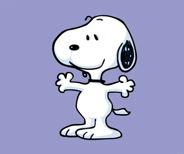 El gos blanc d'estrella de dibuixos animats Snoopy sembla feliç amb les mans obertes baixada