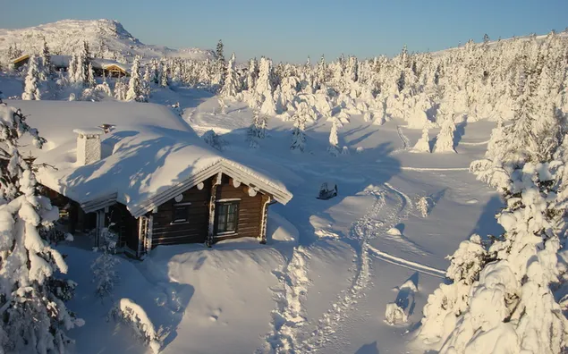 Cabaña cubierta de nieve en las montañas