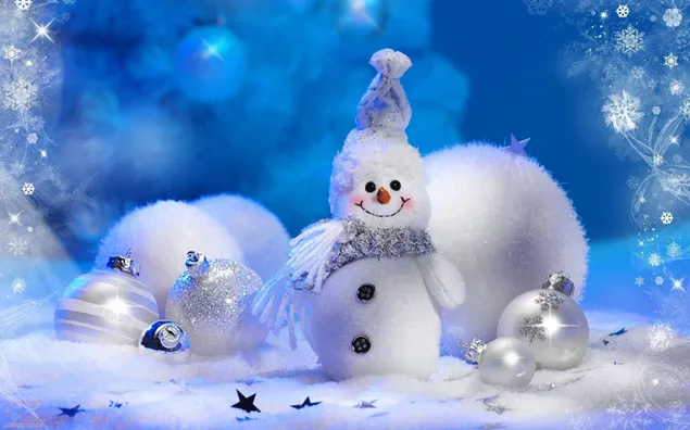Snowman decoration for new year with light balls in blue and gray on snowy background 2K wallpaper
