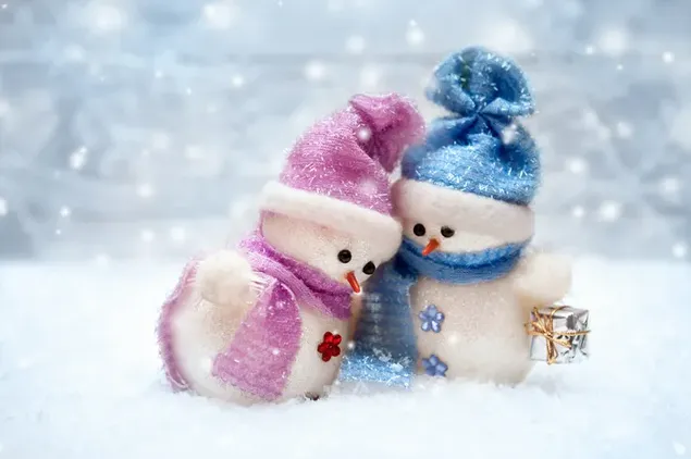 Muñeco de nieve dando regalo a su novia el día de Navidad