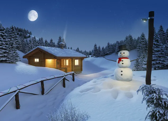 Snowman in black hat with red scarf near snowy forest trees