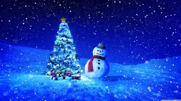Luz del árbol de Navidad del muñeco de nieve y noche azul