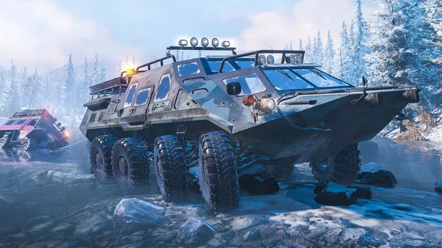 スノーランナービデオゲーム雪に覆われた森と雪道の戦闘車両 2K 壁紙