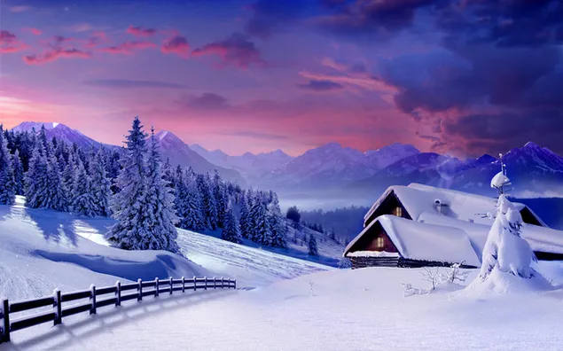 Hermoso paisaje nevado de invierno de casa de madera en el bosque 2K fondo de pantalla
