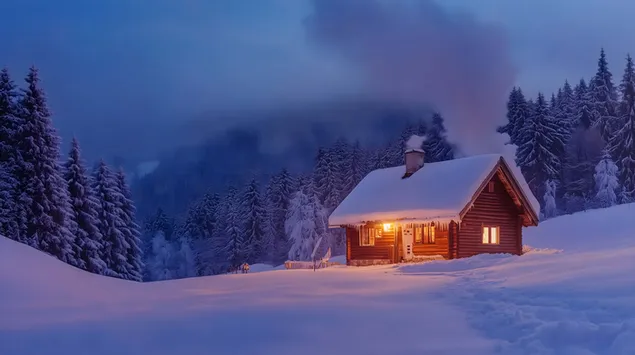 Snowy Forest Réckzuch mat waarme Luuchten 8K Tapeten