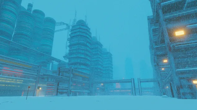 Peizazh industrial futurist me dëborë dhe struktura gjigante 2K sfond