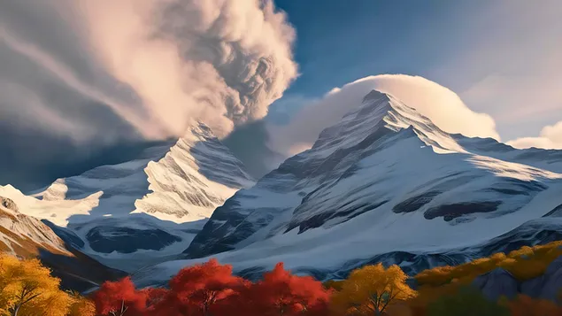 Snowy Mountain Vista - Pamje dramatike e një maje mali të mbuluar me borë me gjeth vjeshte. 4K sfond