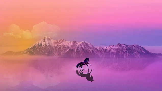 Besneeuwde bergen en kleurrijke manipulatie van rennend paard