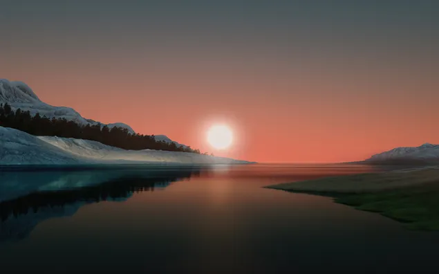 Преземете Снежни планини во воден одраз на месечевата светлина и црвеното небо