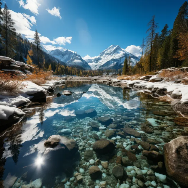 Pegunungan bersalju, kolam dangkal dan jernih di antara hutan pinus hijau 6K wallpaper