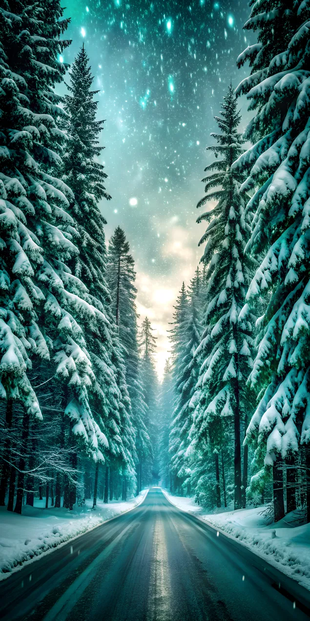 Particules enneigées dansant dans une scène de forêt hivernale avec un chemin sombre 2K fond d'écran