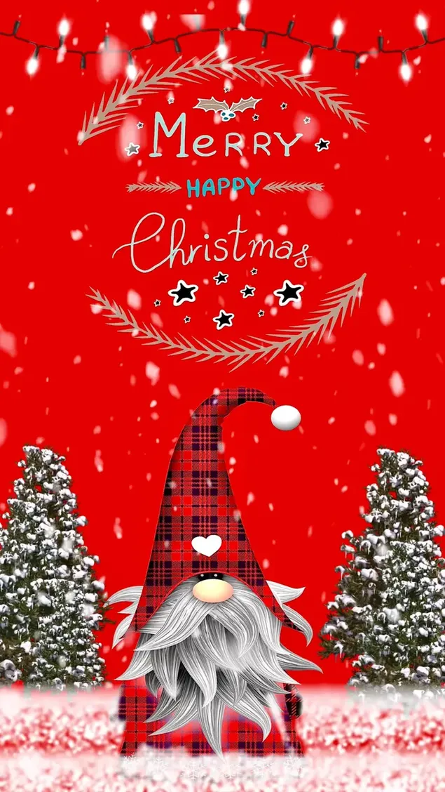 Pohon pinus bersalju dan tulisan "Selamat Natal" pada kartu merah yang dirancang untuk perayaan tahun baru