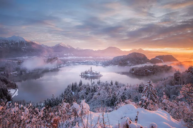 霧深い湖の島と雪に覆われた山々 と雪に覆われた木々 と太陽の光の黄色に反射する雲 HD 壁紙