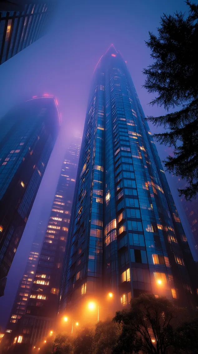 Torenhoge wolkenkrabbers in een mystieke stedelijke gloed 's nachts HD achtergrond