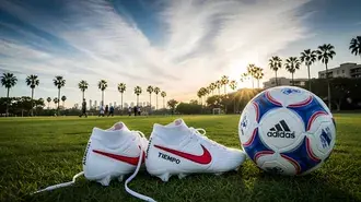 futbol'nyy myach i belye butsy lezhat na zelenoy trave pod zolotistym zakatom v okruzhenii pal'm. skachat'