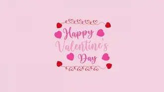 Tulisan "Happy Valentine's Day" berwarna merah muda lembut dengan hati-hati lucu dan hiasan melengkung. 4K wallpaper