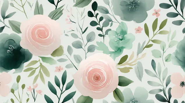 玫瑰与树叶的柔和水彩花卉图案 2K 壁纸