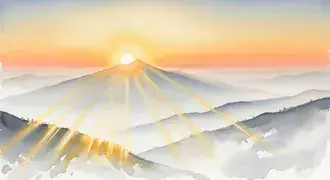 soft watercolor sunlight streams over blue mountains as the sun rises, blending warm orange and gentle pastel hues in a peaceful landscape download