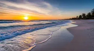 descarcare valuri moi imbratiseaza usor o plaja tropicala imaculata la apus, unde lumina aurie a soarelui si palmierii leganati creeaza o scena de o frumusete senina.