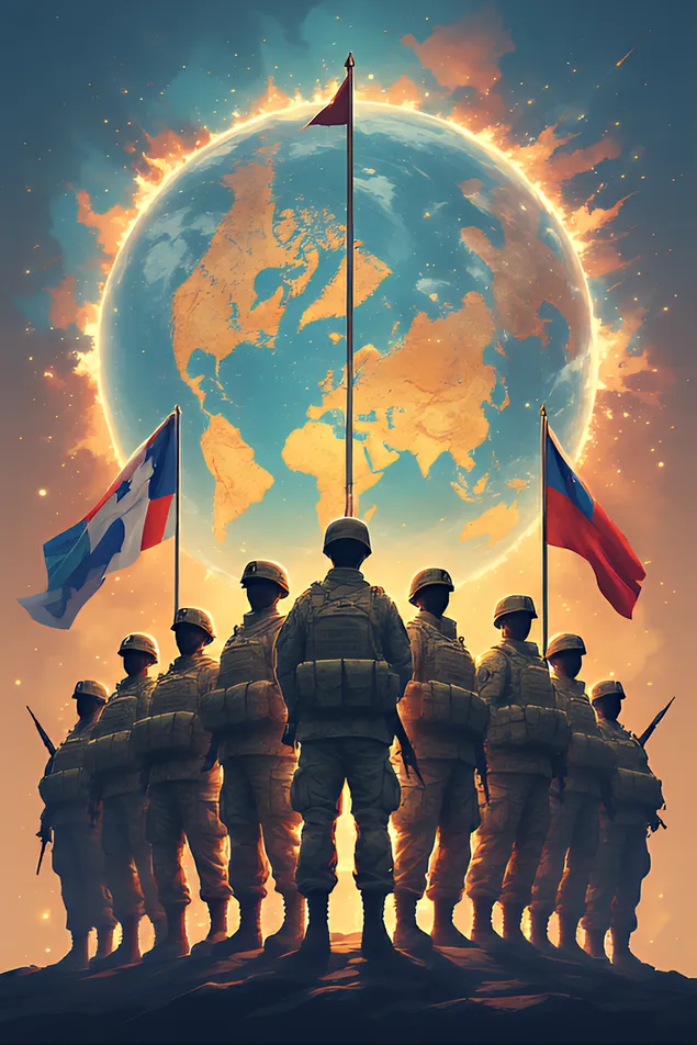 Soldați din multe națiuni stau uniți în fața unei hărți luminoase a lumii, reflectând curaj, fraternitate și pace 2K imagine de fundal