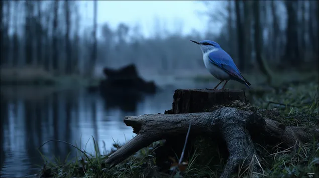 samotniy siniy ptakh na pen'ku bilya ozera misti forest zavantazhiti