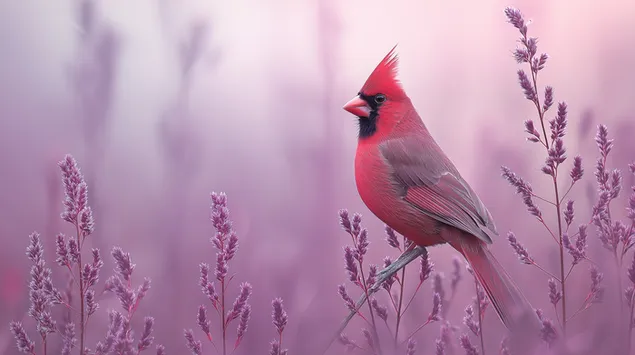 Tapeta Osamělý kardinál sedící mezi texturovanými rostlinami levandule 2K