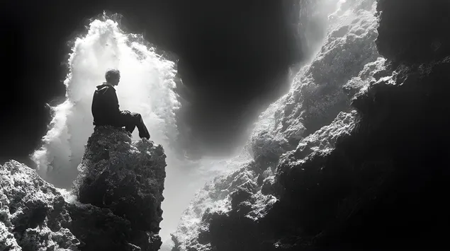 Eensame figuur in dramatiese monochrome grottoneel 2K muurpapier