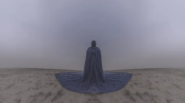 Ensom figur i flagrende klæder på en gold vidde 2K baggrundsbillede