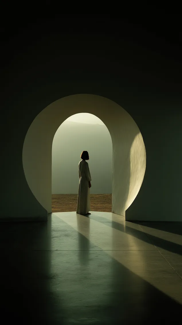 eenzame figuur in een gloeiende boog boven mistig water download