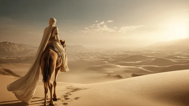 Ensom figur på kamel, ørkenrejse ved gylden solnedgang 2K baggrundsbillede