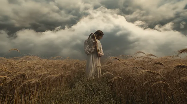 figura solitaria con baston en un campo de trigo bajo nubes oscuras descargar