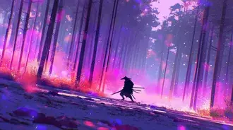 Tapeta Osamělý samuraj v živé, zářící fantasy lesní scéně 2K