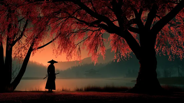 muat turun samurai bersendirian di bawah pokok mekar pada waktu senja