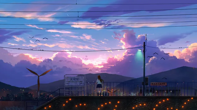 Sonnenaufgang Anime Landschaft Kunst herunterladen