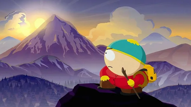 Personaje de dibujos animados de South Park subiendo a la cima de la montaña. 4K fondo de pantalla